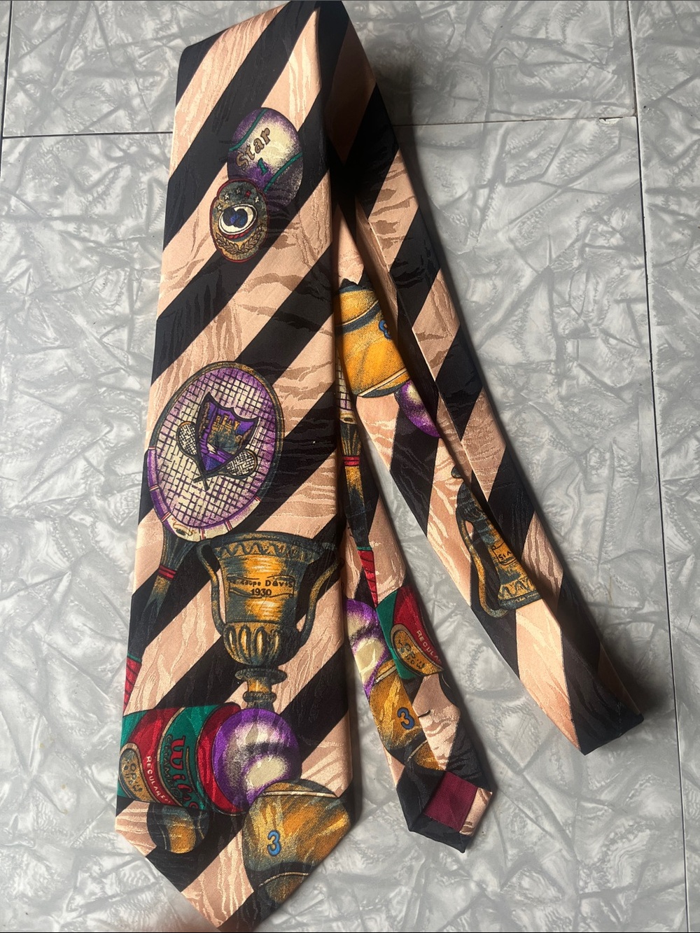 Vintage Tennis Maria Callas Silk Tie “Davis Cup” Trophy - Peach, Black, Purple